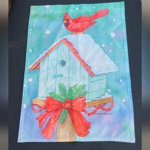 17" long by 12" wide Christmas garden & yard Flag red Cardinal birdhouse